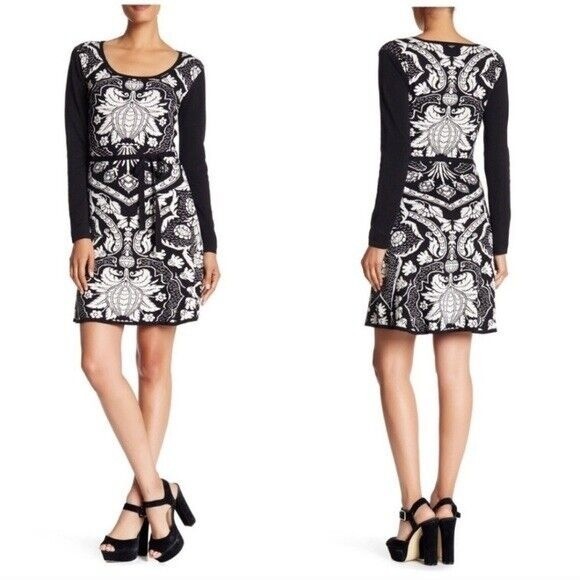 NWT DESIGUAL Ricotero Black Cream Abstract Pattern Metallic Shimmer Dress S
